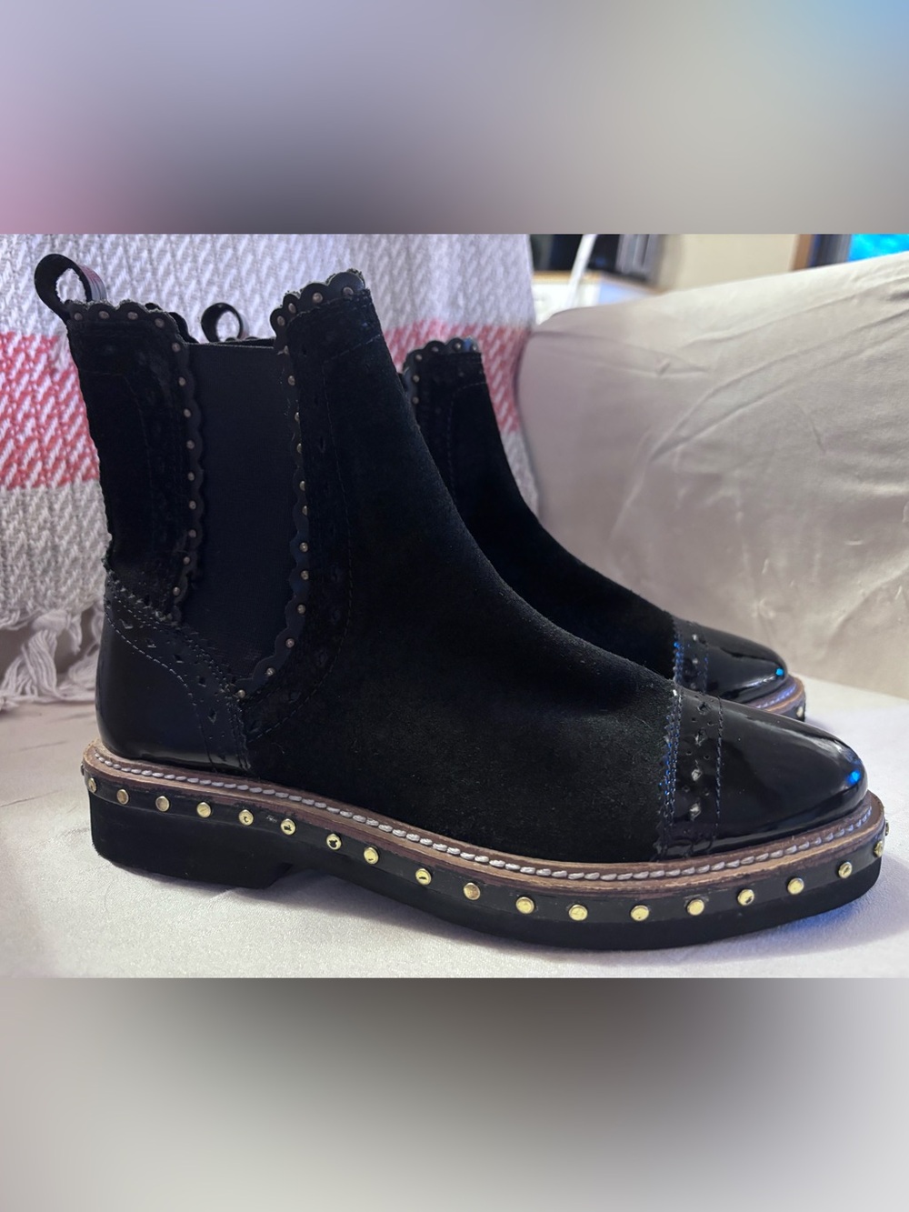 Free People Black Suede Patent Studded Chelsea Boots Size 37